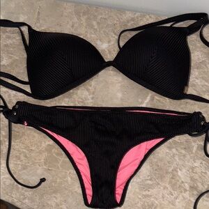 PINK Victoria's Secret Black and Pink Textured Bikini